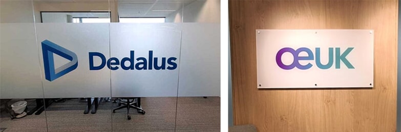 Interior signage including frosted glass and stand off sign